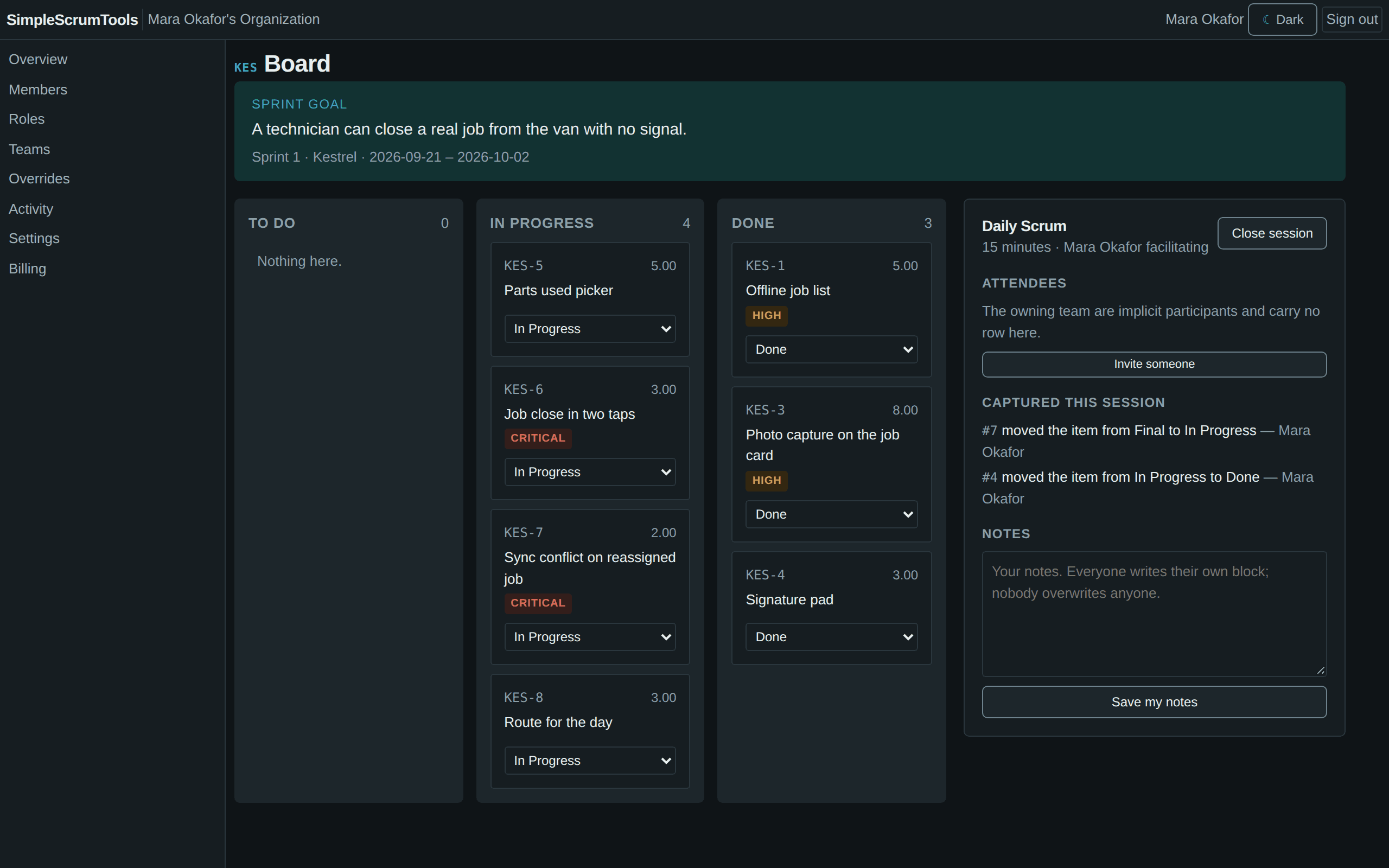The active sprint board with a Daily Scrum session open beside it.