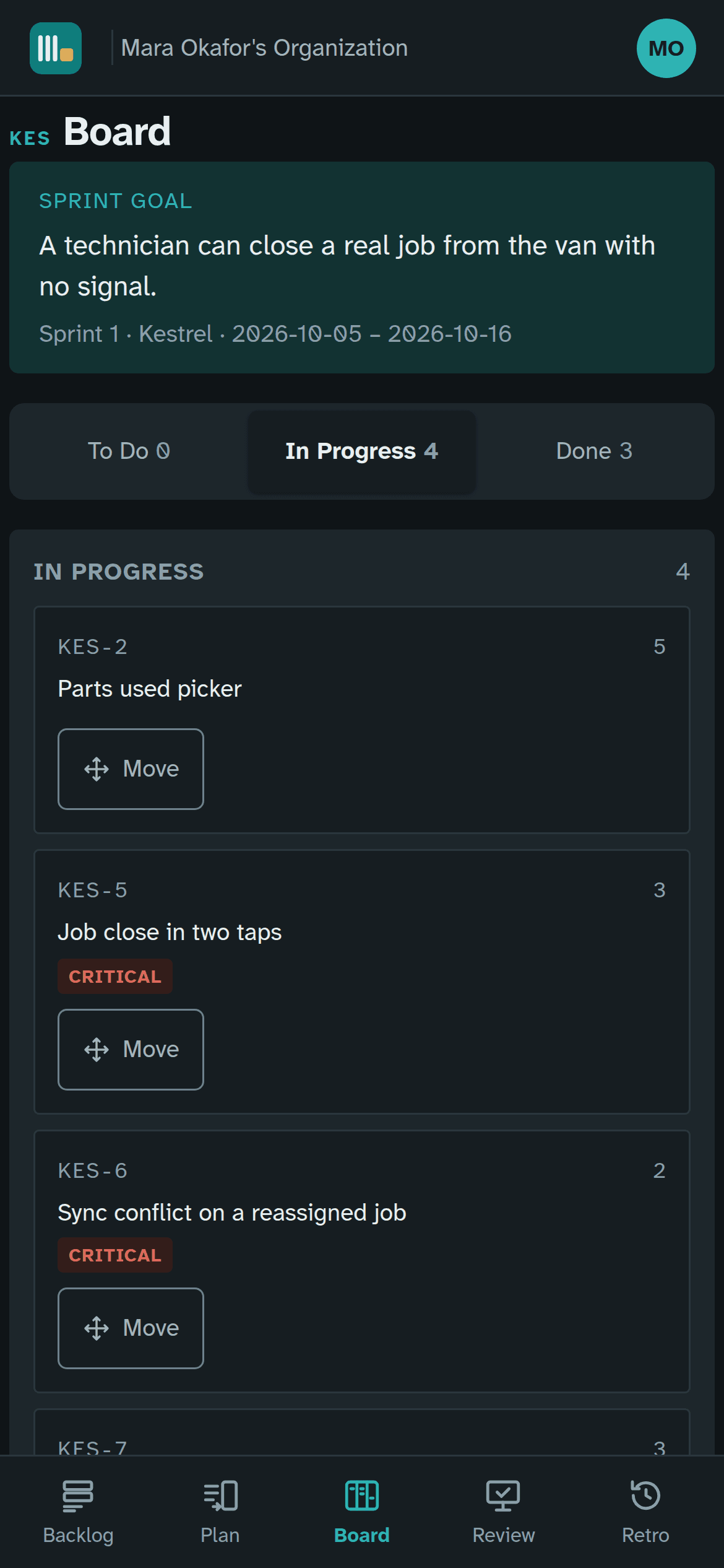 The active sprint board on a phone, one column at a time.