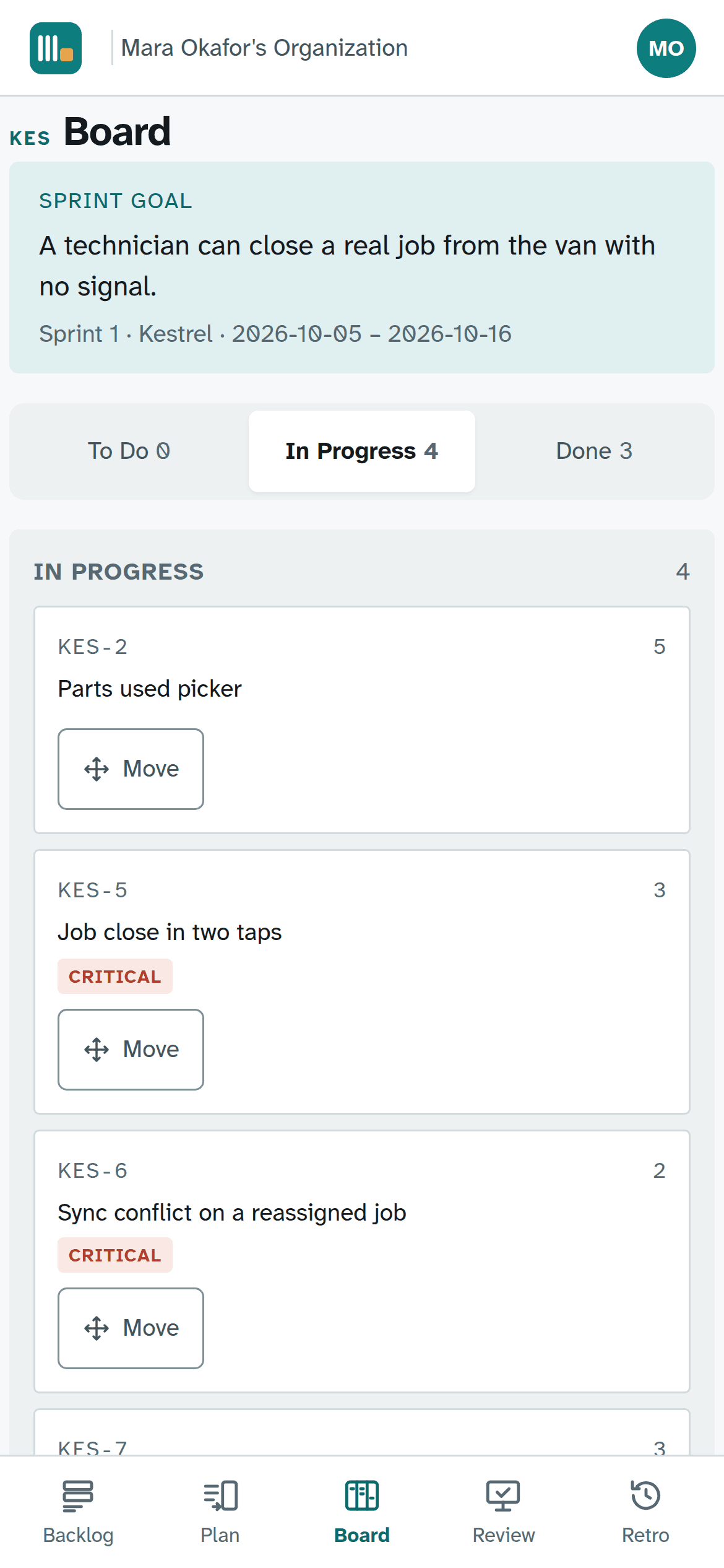 The active sprint board on a phone, one column at a time.