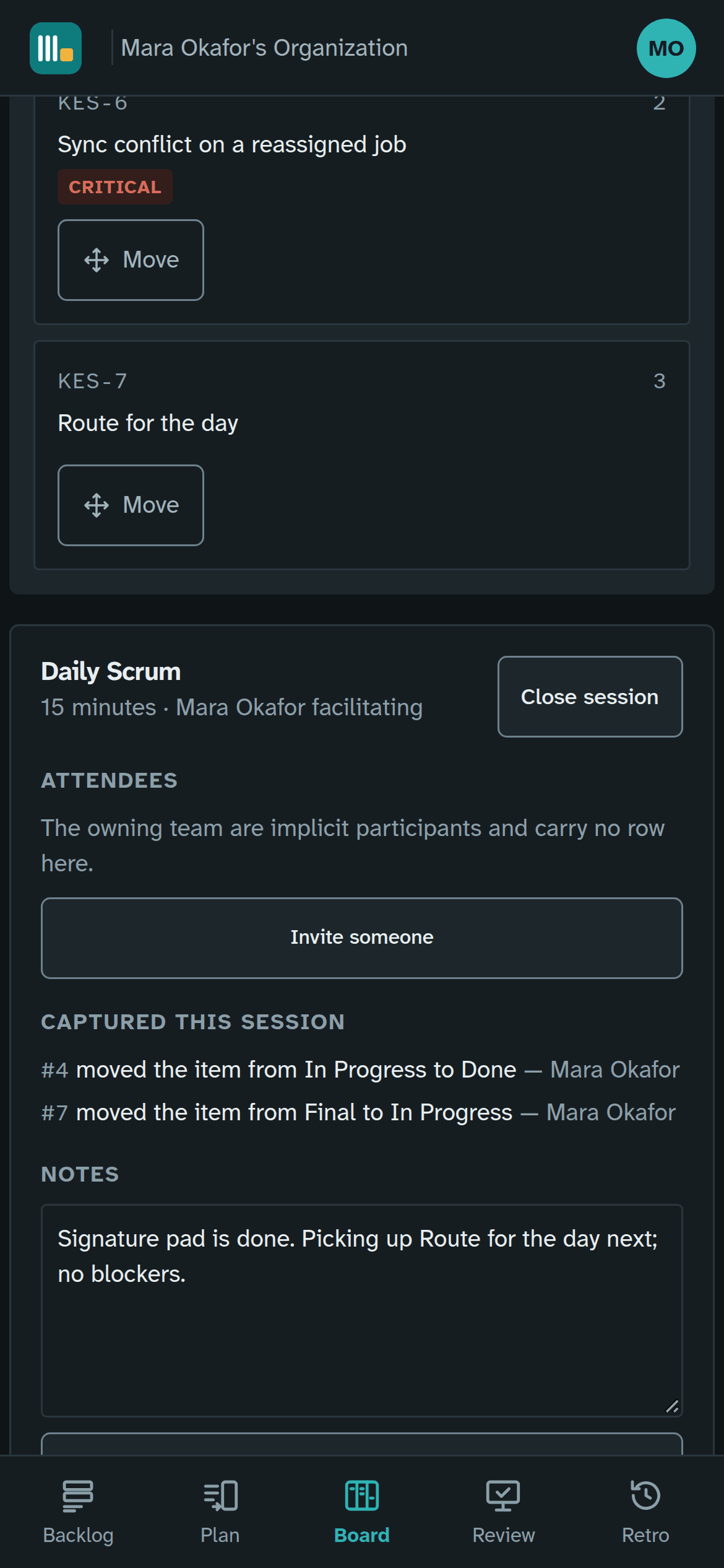 The Daily Scrum on a phone: the changes the session captured and the notes, below the board.