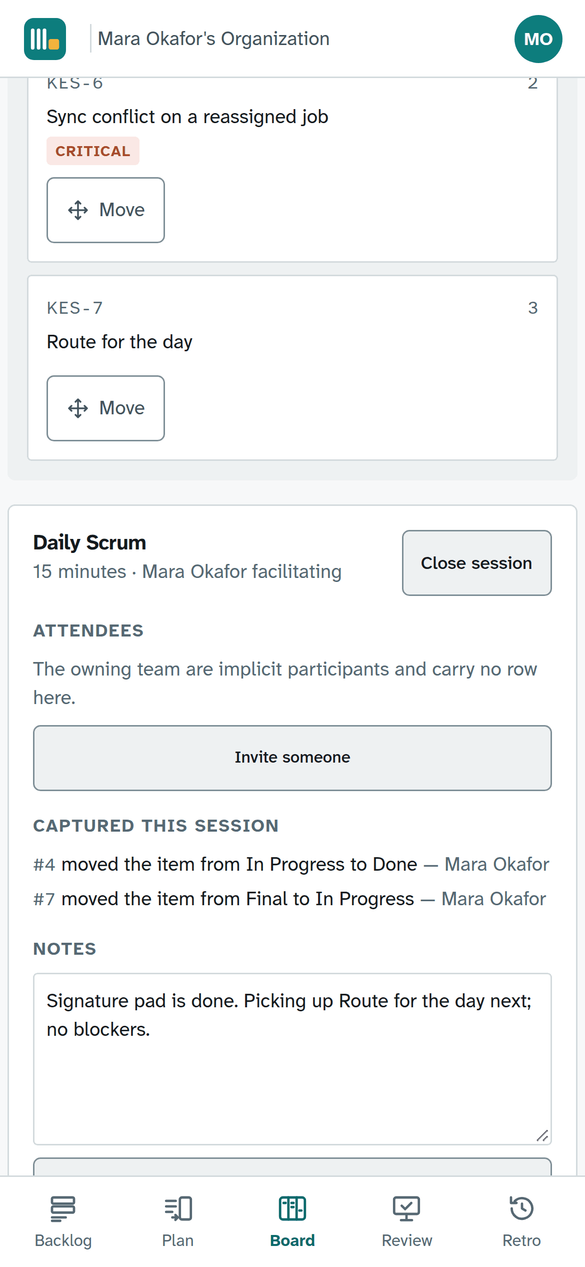 The Daily Scrum on a phone: the changes the session captured and the notes, below the board.