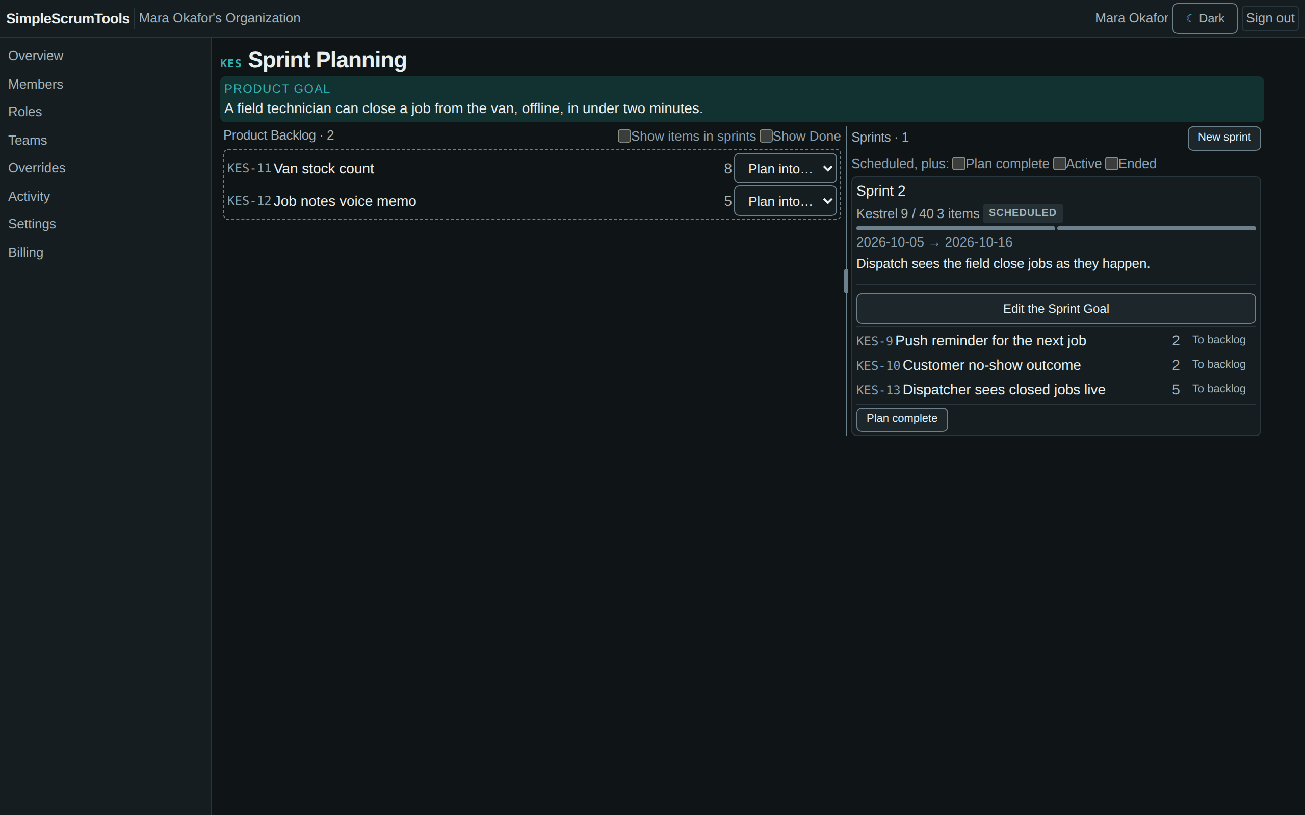 The sprint planning screen: the groomed backlog on the left, the sprint being filled on the right.