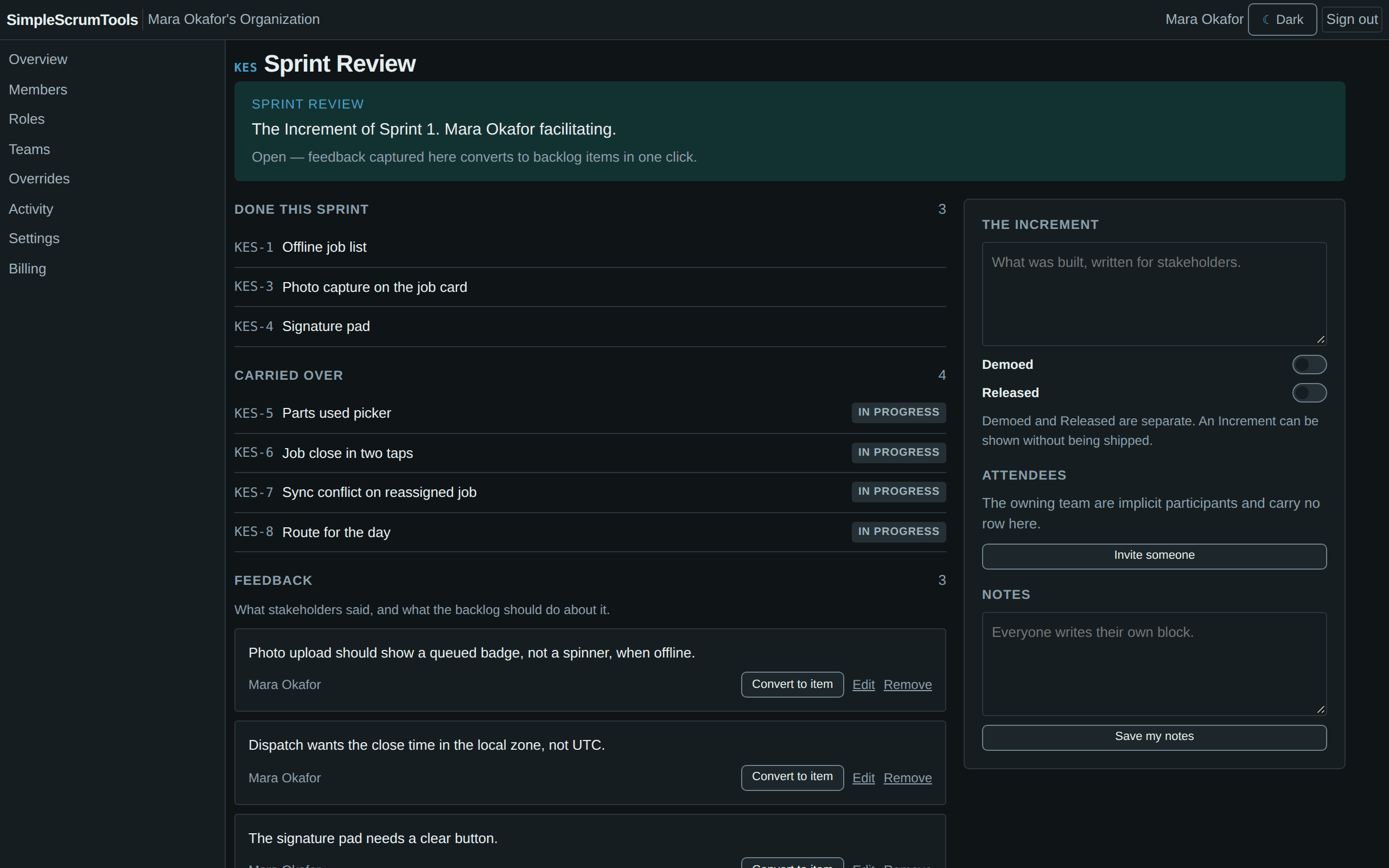 The Sprint Review screen listing the Increment and the feedback captured against it.