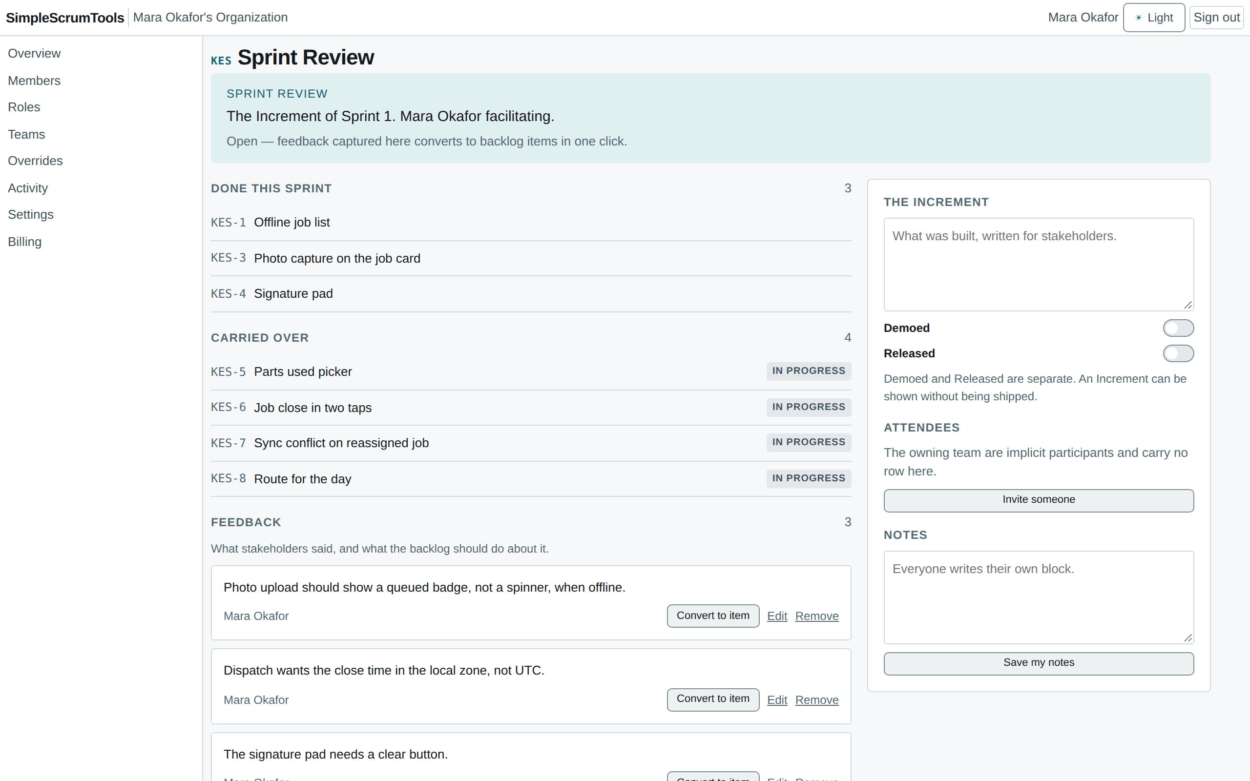 The Sprint Review screen listing the Increment and the feedback captured against it.